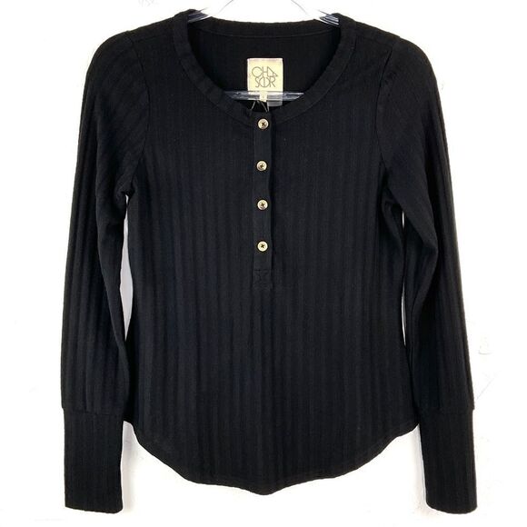Chaser Black Ribbed Long Sleeve Popover Top Small NWT - Picture 1 of 5